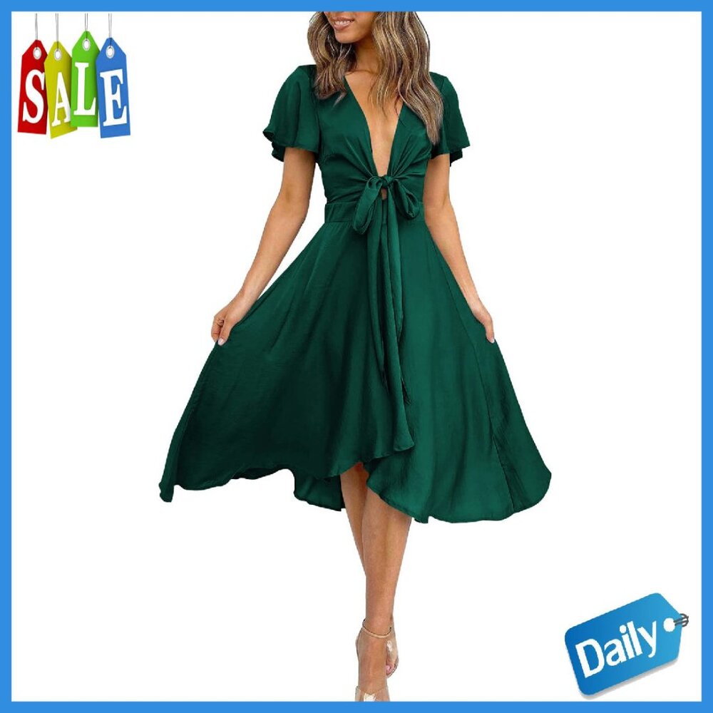 Satin V-Neck Tie Front Midi Dress With Ruffle Sleeves - High Waist A-Line